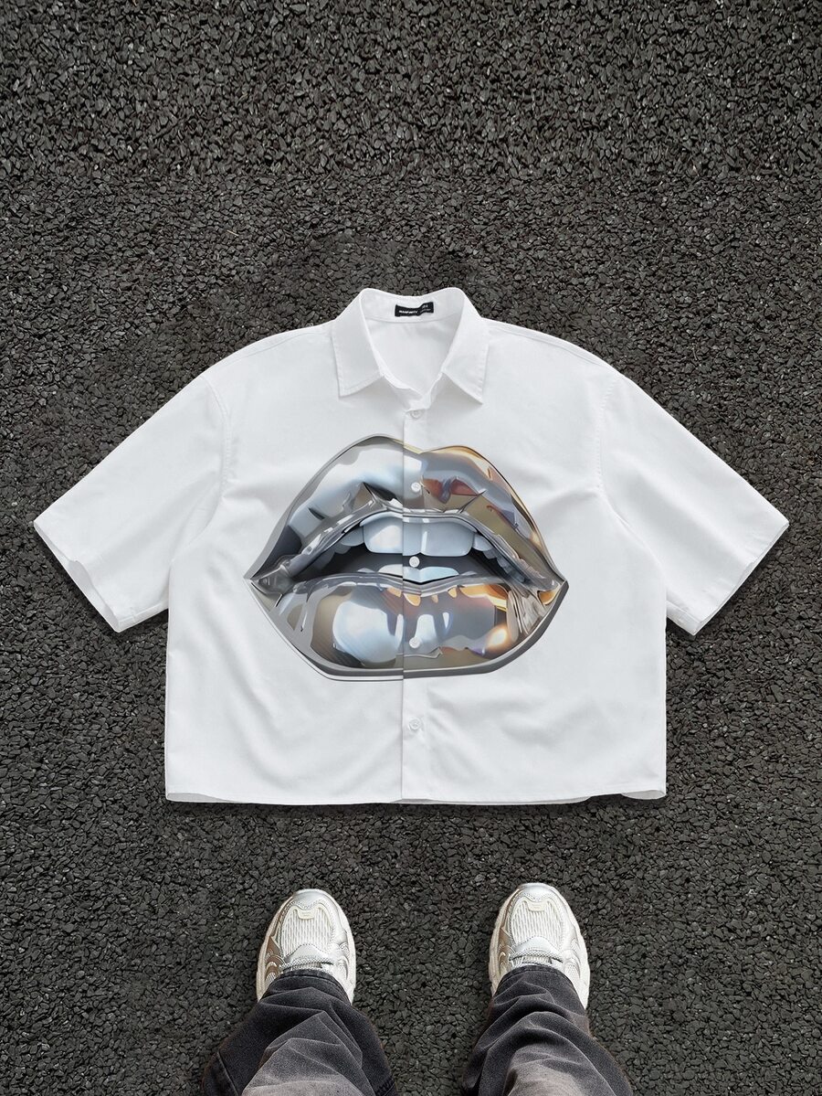 Manfinity Roughcore Men's Lip Print Front Button Casual Short Sleeve Shirt Men's Cropped Tops - White - View 1