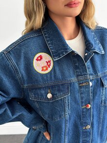 RiviMae Embroidery Detailed Regular Fit Denim Jacket Blue Jean Jacket Women Embroidered Jean Jacket Jean Jacket With Floral Embroidery - Dark Wash - View 5