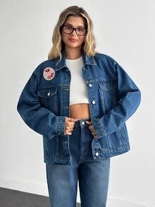 RiviMae Embroidery Detailed Regular Fit Denim Jacket Blue Jean Jacket Women Embroidered Jean Jacket Jean Jacket With Floral Embroidery - Dark Wash - View 8