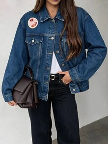 RiviMae Embroidery Detailed Regular Fit Denim Jacket Blue Jean Jacket Women Embroidered Jean Jacket Jean Jacket With Floral Embroidery - Dark Wash - View 3