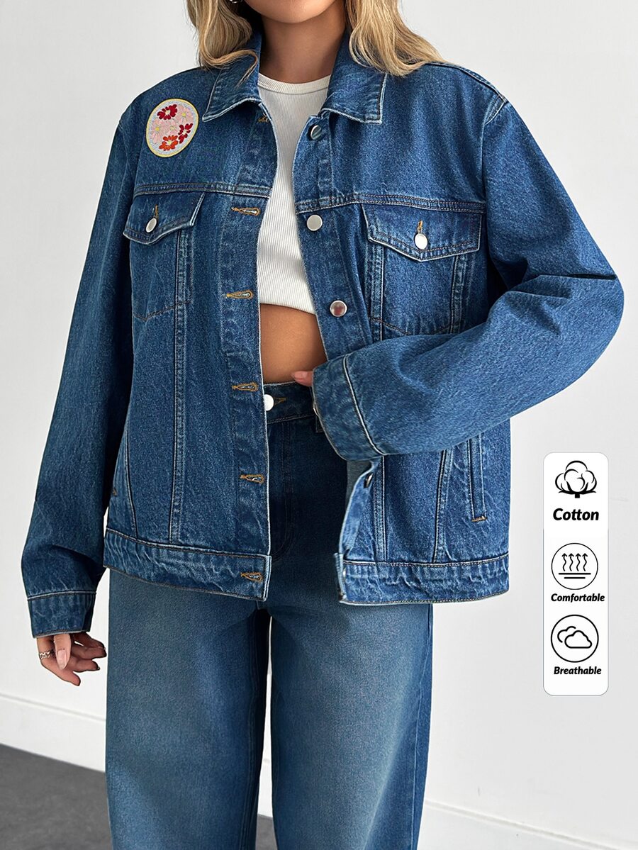 RiviMae Embroidery Detailed Regular Fit Denim Jacket Blue Jean Jacket Women Embroidered Jean Jacket Jean Jacket With Floral Embroidery - Dark Wash - View 1