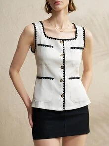 Airaco Contrast Trim Patch Pocket Button Front Tank Top - Apricot - View 3