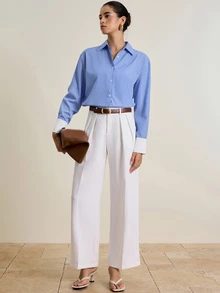 Airaco Women's Striped Long Sleeve Button-Up Shirt And Pleated Wide Leg Pants Casual 2 Pieces Set Fall Cloth For Women - Blue - View 8