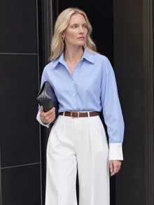 Airaco Women's Striped Long Sleeve Button-Up Shirt And Pleated Wide Leg Pants Casual 2 Pieces Set Fall Cloth For Women - Blue - View 2