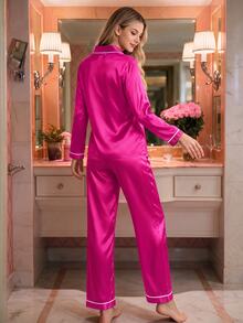 Amorya Women's Contrast Trim Lapel Top With Pockets & Embroidery Pajama Set, Fall Winter Clothes Cozy And Elegant Details - Hot Pink - View 2