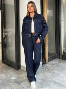 SHEIN بنطلون جينز مقاس كبير بخصر عالي كاجوال بأسلوب كارغو أزرق داكن غسيل خام بقصة منتظمة مستقيمة للخروج والعطلات - أزرق داكن - مشاهدة 8