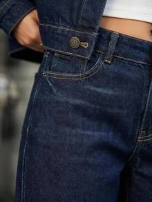 SHEIN بنطلون جينز مقاس كبير بخصر عالي كاجوال بأسلوب كارغو أزرق داكن غسيل خام بقصة منتظمة مستقيمة للخروج والعطلات - أزرق داكن - مشاهدة 7