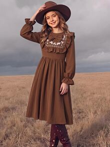 Tween女孩長袖格紋收腰蝴蝶結誇張領長洋裝 秋冬款 - 咖啡棕 - 查看 5