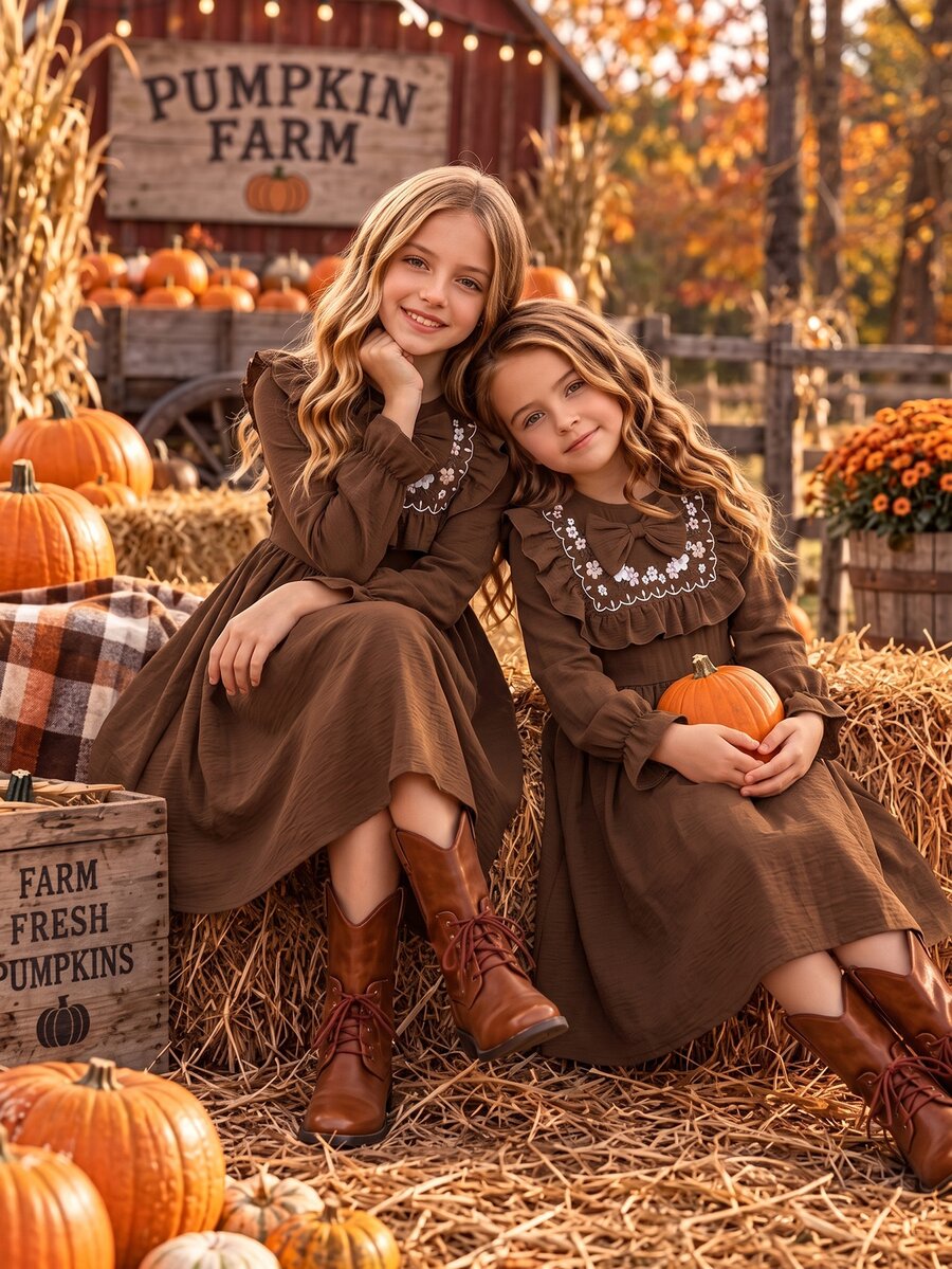 Tween Girls Long Sleeve Plaid Cinched Waist Bow Exaggerated Collar Long Dress Autumn/Winter - Coffee Brown - View 1