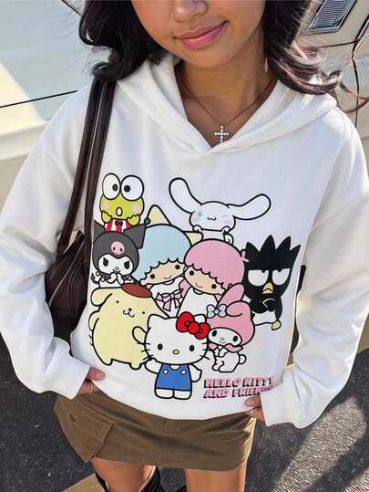 HELLO KITTY AND FRIENDS | SHEIN Tween Girl Cute Versatile Co-Branded New White Loose Hooded Pullover Long Sleeve Sweatshirt OverSize Style Casual Sports Fashion College Indoor Outdoor Skiing Sports Holiday Multiple Occasions Suitable