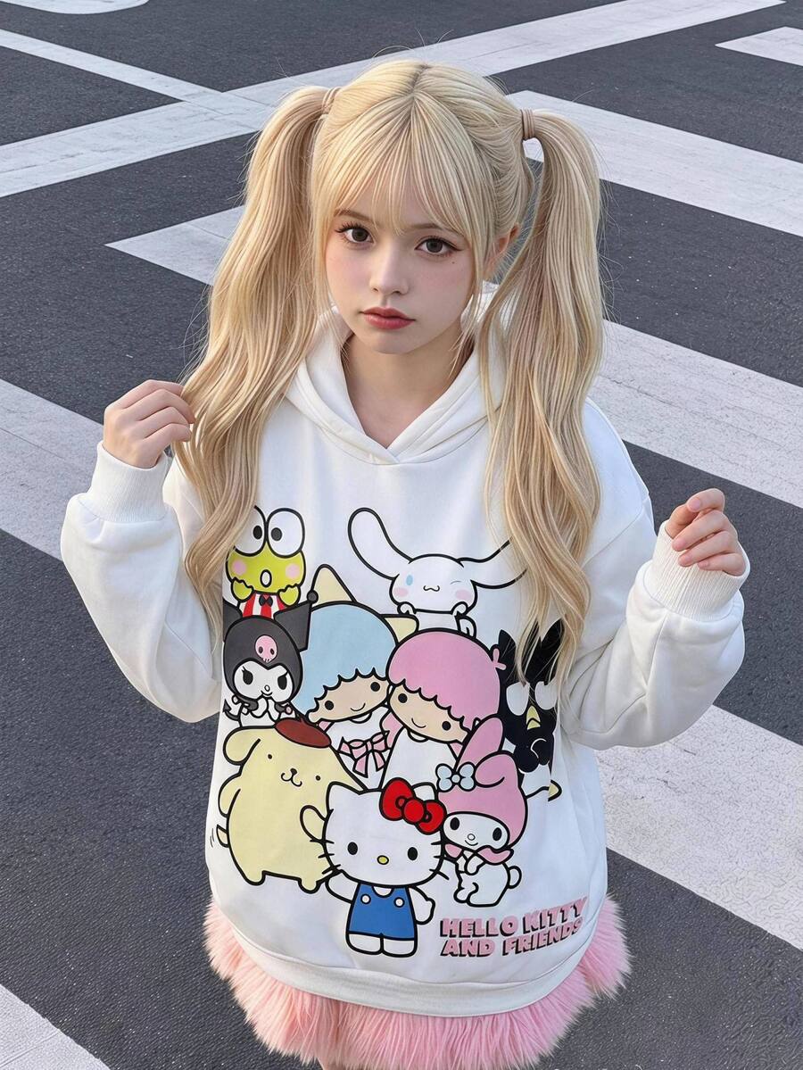 HELLO KITTY AND FRIENDS | SHEIN Tween女孩可愛百搭聯名款白色寬鬆連帽長袖衛衣,Oversize風格,休閒運動時尚大學風,適合室內外滑雪運動度假等多種場合 - 白色 - 查看 1
