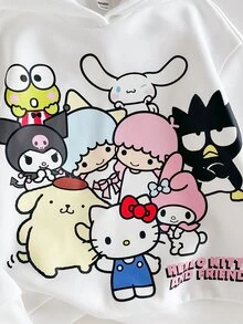 HELLO KITTY AND FRIENDS | SHEIN Tween女孩可愛百搭聯名款白色寬鬆連帽長袖衛衣，Oversize風格，休閒運動時尚大學風，適合室內外滑雪運動度假等多種場合 - 白色 - 查看 5