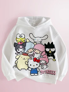 HELLO KITTY AND FRIENDS | SHEIN Tween女孩可愛百搭聯名款白色寬鬆連帽長袖衛衣，Oversize風格，休閒運動時尚大學風，適合室內外滑雪運動度假等多種場合 - 白色 - 查看 2