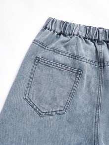 SHEIN Girlism 青少年女孩亮面水鑽藍色牛仔寬鬆長褲 牛仔女郎派對牛仔褲 亮片裝飾 - 藍色 - 查看 7
