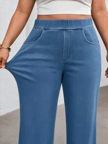 SHEIN Essnce 女款大尺碼彈性腰直筒牛仔褲 - 藍色 - 查看 5