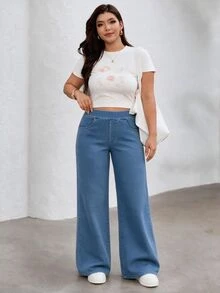 SHEIN Essnce 女款大尺碼彈性腰直筒牛仔褲 - 藍色 - 查看 4