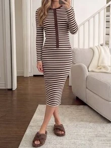 Easowa French Casual Contrast Color Patchwork Long Sleeve Cropped Fitted T-Shirt And Bodycon Blue White Stripe Skirt Set Brunch Tea Party - Multicolor - View 6