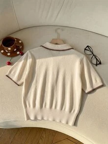 CovetEZ 90年代復古返校風杏色動物印花森林鹿針織短袖 Polo 上衣，可愛對比貝殼邊條紋針織，適合夏季野餐與學校穿著 - 彩色 - 查看 3