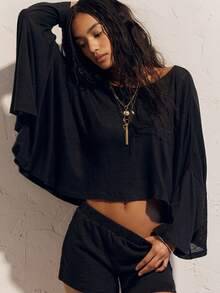 Bohemela Women's Black Knit Crew-Neck Casual Two Pieces Set For Fall, Perfect For Vacations, Cycling, Halloween, Concerts, And Everyday Casual Wear - Black - View 1
