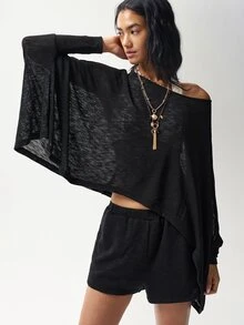 Bohemela Women's Black Knit Crew-Neck Casual Two Pieces Set For Fall, Perfect For Vacations, Cycling, Halloween, Concerts, And Everyday Casual Wear - Black - View 3