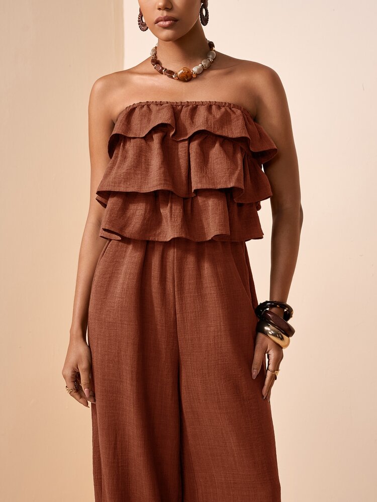 Zivah Women's Solid Color Ruffle Hem Bandeau Jumpsuit, Suitable For Daily Wear - Rust Brown - View 7