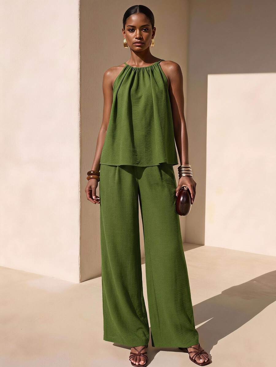 Zivah Women 2-Piece Outfit,Olive Green Summer Elegant Holiday Vacation Halter Neck Ruched Loose Top & Wide Leg Pants Set With Pockets,Bamboo Texture Fabric - Army Green - View 1