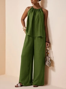 Zivah Women 2-Piece Outfit,Olive Green Summer Elegant Holiday Vacation Halter Neck Ruched Loose Top & Wide Leg Pants Set With Pockets,Bamboo Texture Fabric - Army Green - View 7
