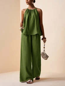 Zivah Women 2-Piece Outfit,Olive Green Summer Elegant Holiday Vacation Halter Neck Ruched Loose Top & Wide Leg Pants Set With Pockets,Bamboo Texture Fabric - Army Green - View 5