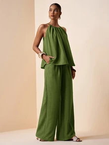 Zivah Women 2-Piece Outfit,Olive Green Summer Elegant Holiday Vacation Halter Neck Ruched Loose Top & Wide Leg Pants Set With Pockets,Bamboo Texture Fabric - Army Green - View 4