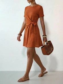 Zivah Women's Rust Brown Summer Casual Mini Dress,Boho Round Neck Short-Sleeved Loose-Fitting Side Tie Fold-Over Design,Perfect For Brunch,Travel Vacation - Rust Brown - View 11