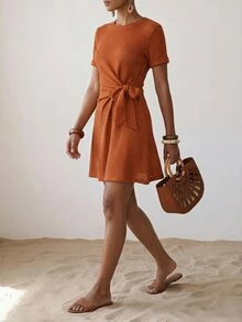 Zivah Women's Rust Brown Summer Casual Mini Dress,Boho Round Neck Short-Sleeved Loose-Fitting Side Tie Fold-Over Design,Perfect For Brunch,Travel Vacation - Rust Brown - View 4