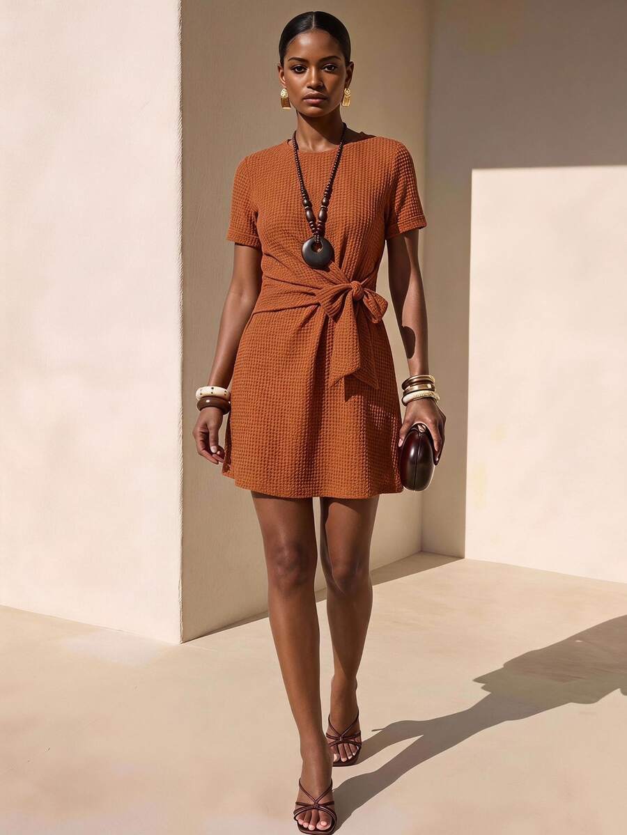Zivah Women's Rust Brown Summer Casual Mini Dress,Boho Round Neck Short-Sleeved Loose-Fitting Side Tie Fold-Over Design,Perfect For Brunch,Travel Vacation - Rust Brown - View 1