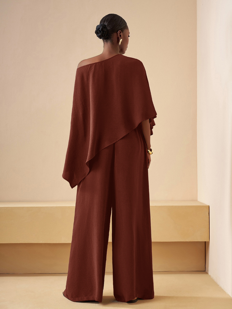 Zivah 2025 New Fall Winter Women Clothes Casual Minimalist Elegant Dark Brown Loose One-Shoulder Asymmetrical Top + High Waist Wide-Leg Trousers Two Pieces Set - Redwood - View 2