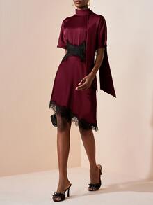 Zivah Women's Lace Patchwork Hollow Out Casual Daily Summer Short Dress - Burgundy - View 8