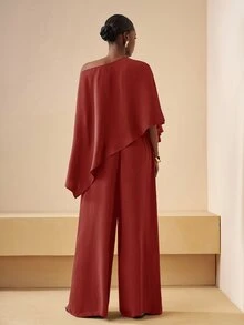 Zivah Women's 2 Pieces Set Solid Color,Autumn,Elegant,Party Off-The-Shoulder Asymmetrical Top & Wide-Leg Pants Work Clothes Casual Commuting Office Outfits - Redwood - View 3