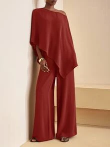 Zivah Women's 2 Pieces Set Solid Color,Autumn,Elegant,Party Off-The-Shoulder Asymmetrical Top & Wide-Leg Pants Work Clothes Casual Commuting Office Outfits - Redwood - View 4