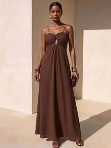 Zivah 2026 Spring Summer Coffee Brown U-Shape Metal Buckle Ruched Waist Drawstring Vertical Striped Textured Tropical Vacation Holiday Long Dress Casual - Mocha Brown - View 2