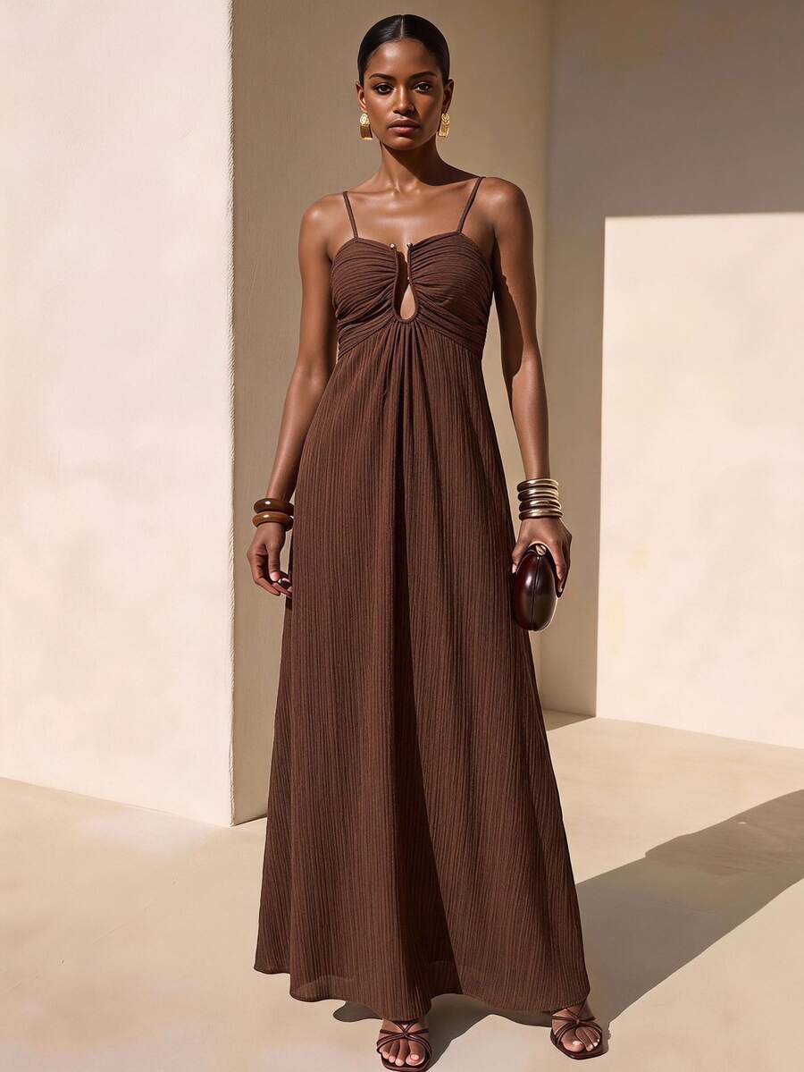 Zivah 2026 Spring Summer Coffee Brown U-Shape Metal Buckle Ruched Waist Drawstring Vertical Striped Textured Tropical Vacation Holiday Long Dress Casual