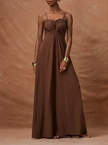 Zivah 2026 Spring Summer Coffee Brown U-Shape Metal Buckle Ruched Waist Drawstring Vertical Striped Textured Tropical Vacation Holiday Long Dress Casual - Mocha Brown - View 4