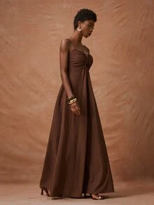 Zivah 2026 Spring Summer Coffee Brown U-Shape Metal Buckle Ruched Waist Drawstring Vertical Striped Textured Tropical Vacation Holiday Long Dress Casual - Mocha Brown - View 5