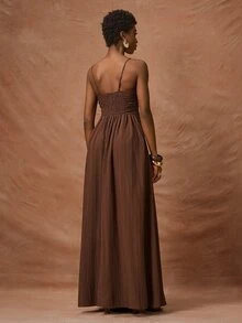 Zivah 2026 Spring Summer Coffee Brown U-Shape Metal Buckle Ruched Waist Drawstring Vertical Striped Textured Tropical Vacation Holiday Long Dress Casual - Mocha Brown - View 3