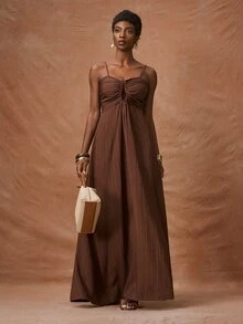Zivah 2026 Spring Summer Coffee Brown U-Shape Metal Buckle Ruched Waist Drawstring Vertical Striped Textured Tropical Vacation Holiday Long Dress Casual - Mocha Brown - View 6