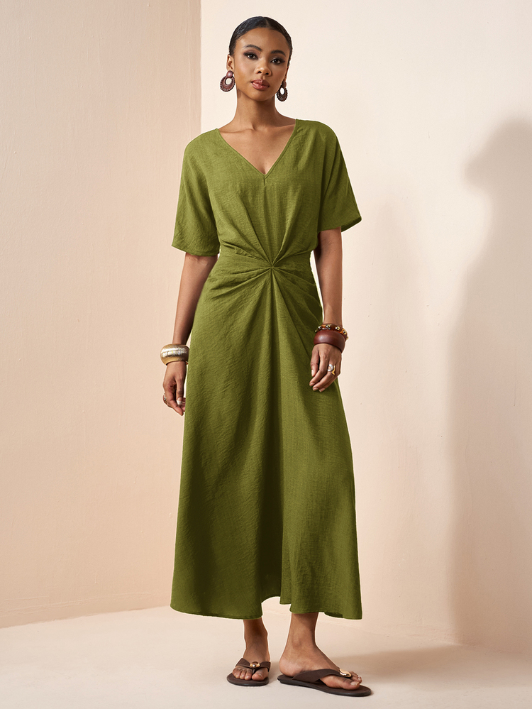 Zivah Spring Summer Music Festival Easter St. Patrick's Day Valentine's Day Vacation Casual Beach Brunch V-Neck Short Sleeve Pleated Linen Olive Green Dress - Army Green - View 8