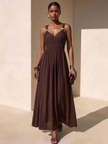 Zivah Dark Brown,Summer,Tropical,Vacation,Holiday Women's V-Neck Spaghetti Strap Sleeveless Wood Button Decor Ruched Waist Boho Maxi Dress For Beach Party - Rust Brown - View 1