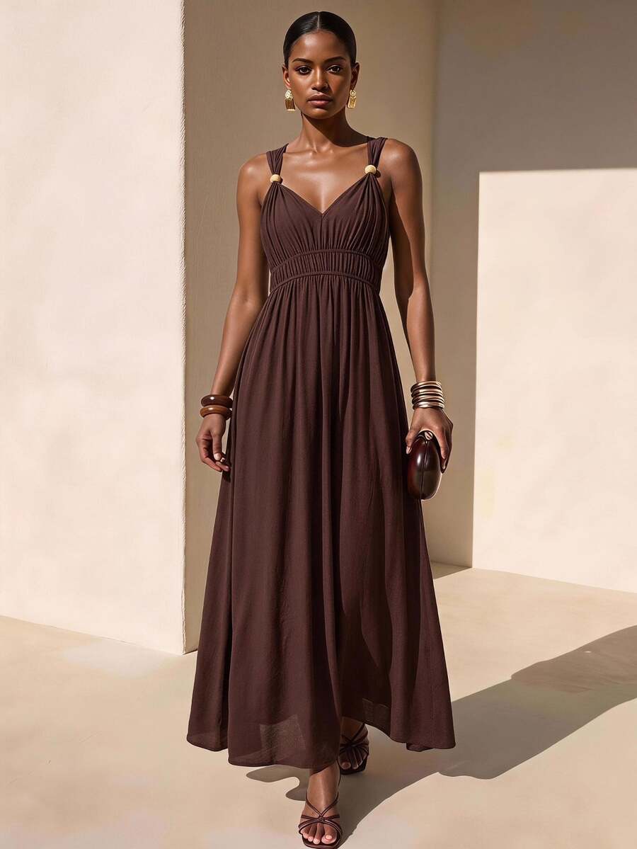 Zivah Dark Brown,Summer,Tropical,Vacation,Holiday Women's V-Neck Spaghetti Strap Sleeveless Wood Button Decor Ruched Waist Boho Maxi Dress For Beach Party - Rust Brown - View 1