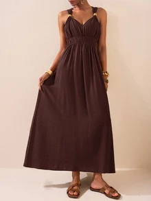 Zivah Dark Brown,Summer,Tropical,Vacation,Holiday Women's V-Neck Spaghetti Strap Sleeveless Wood Button Decor Ruched Waist Boho Maxi Dress For Beach Party - Rust Brown - View 5