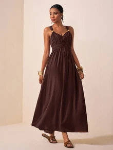 Zivah Dark Brown,Summer,Tropical,Vacation,Holiday Women's V-Neck Spaghetti Strap Sleeveless Wood Button Decor Ruched Waist Boho Maxi Dress For Beach Party - Rust Brown - View 3