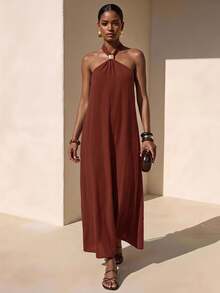 Zivah Golden Yellow Summer Casual Elegant Tropical Holiday Vacation Sleeveless Halter Ruched Metal Decor Linen Maxi Dress For Women Beach Party Wedding Boho - Redwood - View 1