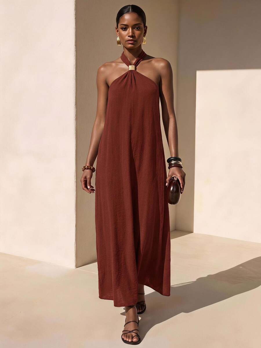 Zivah Golden Yellow Summer Casual Elegant Tropical Holiday Vacation Sleeveless Halter Ruched Metal Decor Linen Maxi Dress For Women Beach Party Wedding Boho - Redwood - View 1