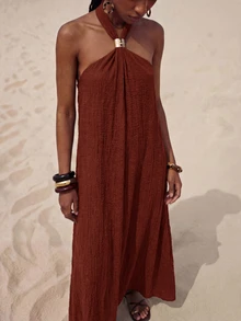 Zivah Golden Yellow Summer Casual Elegant Tropical Holiday Vacation Sleeveless Halter Ruched Metal Decor Linen Maxi Dress For Women Beach Party Wedding Boho - Redwood - View 7